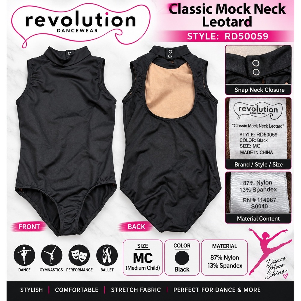 Revolution Dancewear Black Classic Mock Neck Leotard RD50059 Medium Child MC